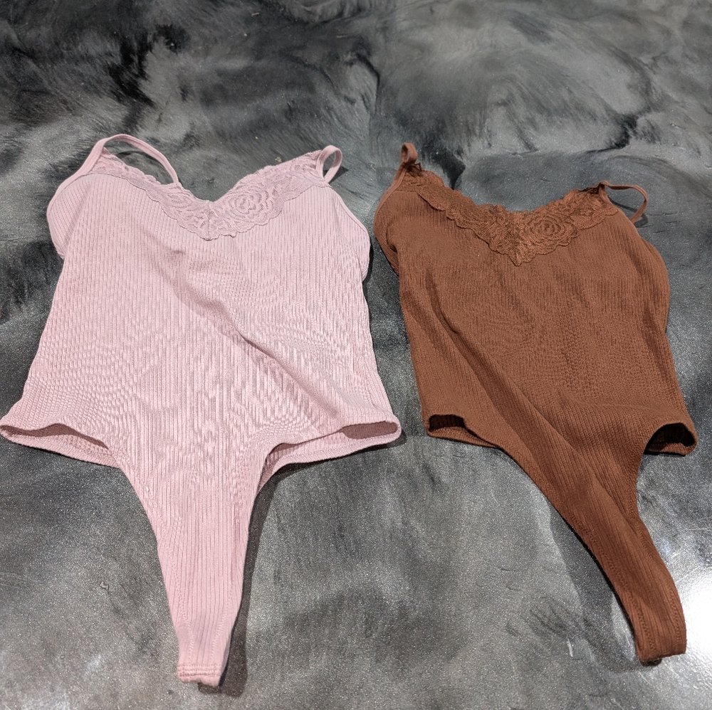 Elegant Pink and Brown Lace Trim Bodysuits set of 2